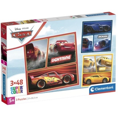 Caixa de puzzle Disney Pixar Cars com 3 puzzles de 48 peças cada.