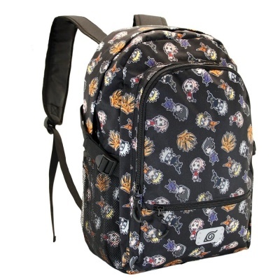 Mochila preta com personagens coloridos e bolsos frontais e laterais