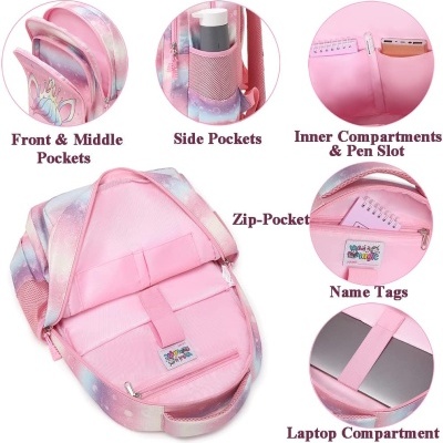 Mochila rosa com bolsos e compartimentos internos, padrão tie-dye pastel