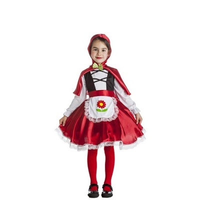 Vestido de fantasia infantil vermelho com capa e avental com flor