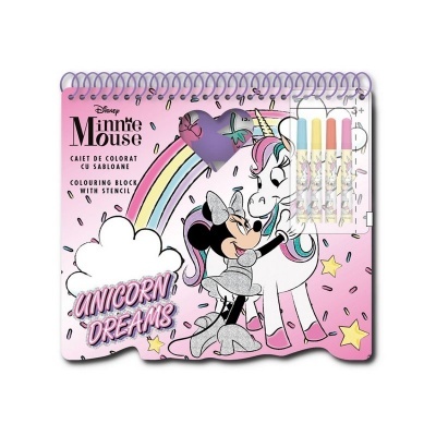 Bloco de colorir rosa Minnie Mouse com unicórnio e canetas coloridas