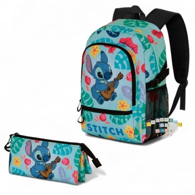 Mochila e estojo escolares com padrão azul e verde e personagem Stitch a tocar guitarra