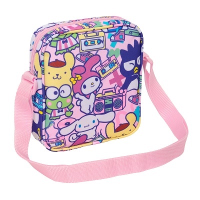 Mala infantil rosa com estampas de personagens de desenhos animados coloridos