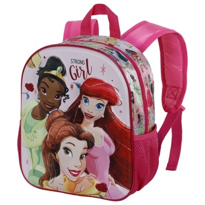 Mochila infantil rosa com estampa de princesas Disney e texto STRONG Girl