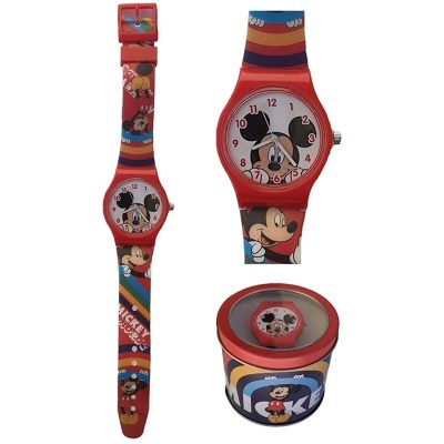 Relógio infantil Mickey Mouse vermelho com bracelete de silicone e estojo circular com tampa transparente.