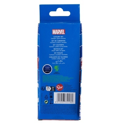 Embalagem azul de talheres Marvel com colher e garfo para crianças