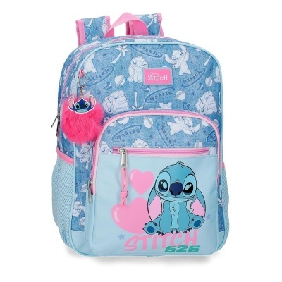 Mochila azul e rosa com personagem Stitch e chaveiro rosa