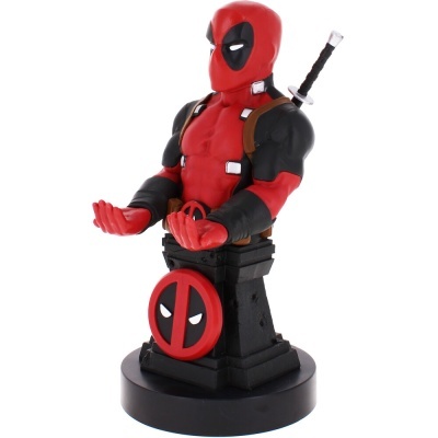 Figura de Deadpool vermelho e preto com espada em base preta