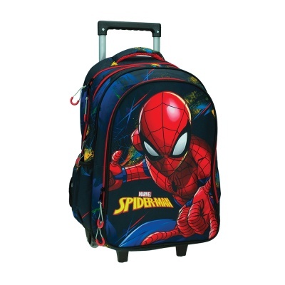 Mochila de rodinhas azul escura com estampa colorida do Homem-Aranha e alça extensível