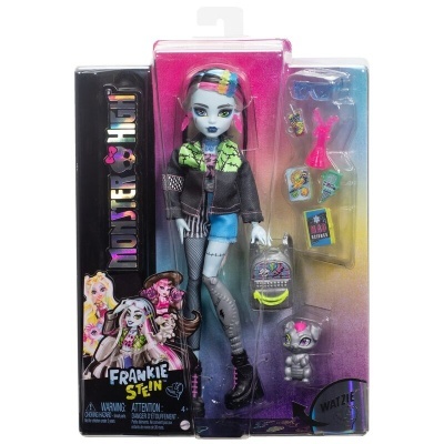 Boneca Monster High Frankie Stein com gato e acessórios na embalagem