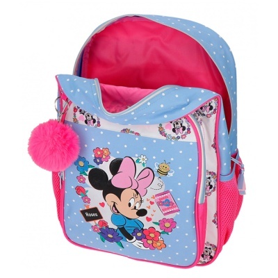 Mochila azul de bolinhas brancas com imagem da Minnie Mouse e detalhes rosas