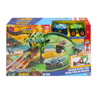 Brinquedo Hot Wheels Monster Trucks Sharks vs Dinos com set de jogo Dragon Demolition em embalagem colorida