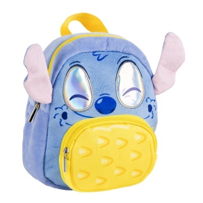 Mochila infantil azul e amarela com orelhas rosa e olhos refletivos