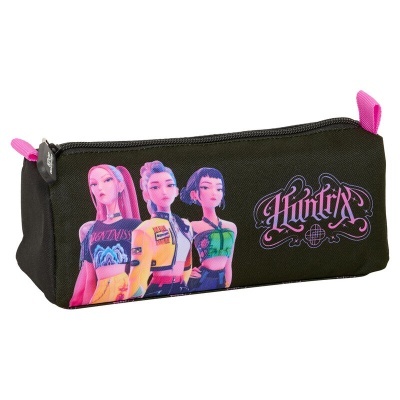 Estojo preto com personagens animadas e texto Huntix