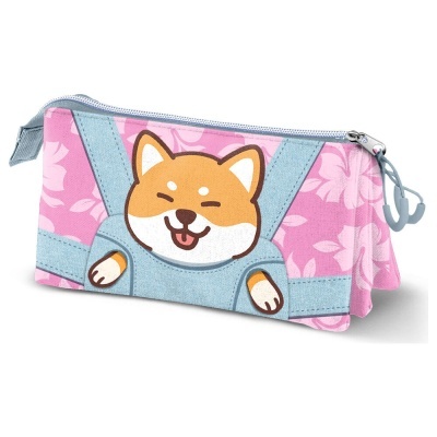 Estojo com desenho de cão sorridente em tecido rosa e azul