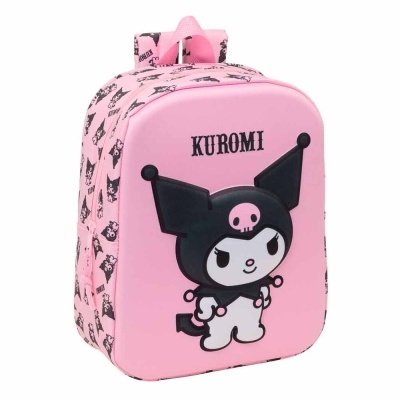 Mochila infantil rosa com personagem Kuromi e texto KUROMI