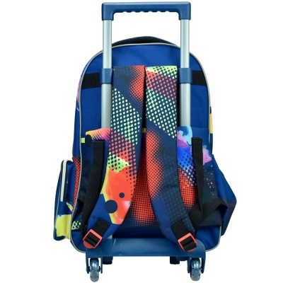 Mochila escolar azul com rodinhas e alças coloridas com padrão pontilhado
