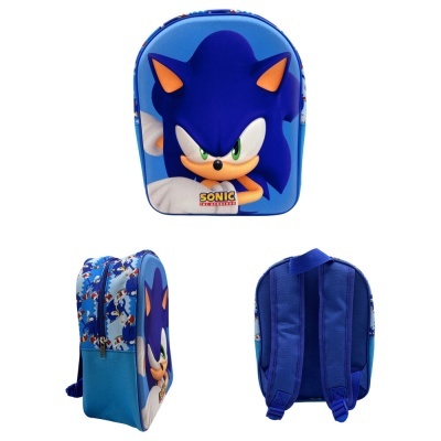 Mochila azul infantil com personagem Sonic the Hedgehog na frente