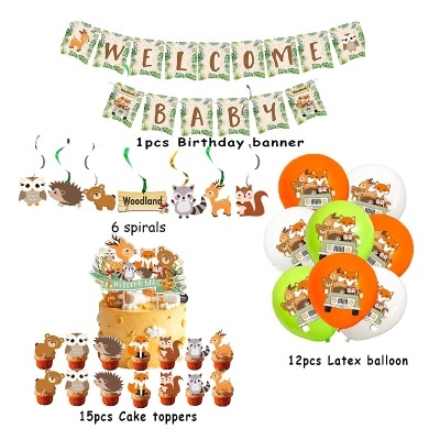 Conjunto de decoração de festa infantil com tema floresta, contendo faixa Welcome Baby, balões coloridos com animais, espirais e toppers de bolo com figurinos de animais.