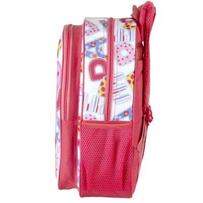 Mochila escolar rosa e branca com padrões de pizza e letras, vista lateral