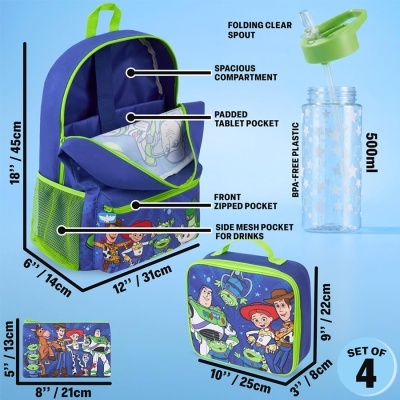 Conjunto de mochila, estojo, lancheira e garrafa Toy Story azul e verde com personagens desenhados.