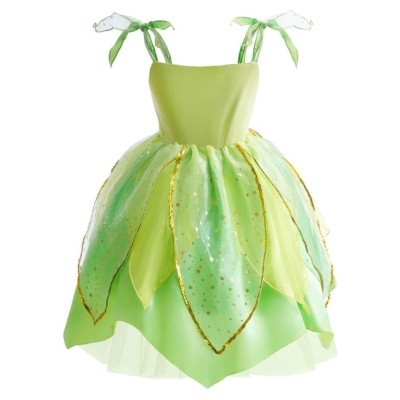 Vestido infantil verde claro com alças de laço e saia em camadas tipo folhas