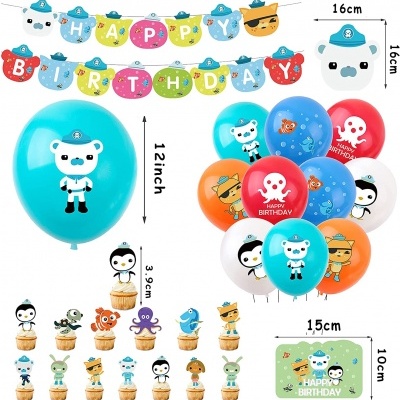 Conjunto festa tema náutico com balões coloridos, faixa HAPPY BIRTHDAY e figuras para cupcakes.