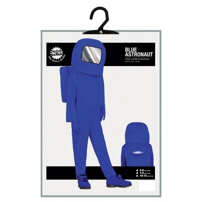 Fato de astronauta azul com visor prateado em embalagem com cabide