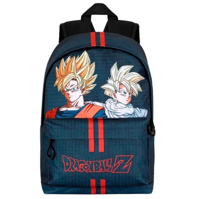 Mochila azul escura com personagens de Dragon Ball Z e riscas vermelhas