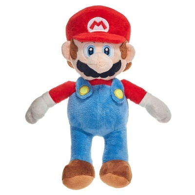 Boneco de peluche do personagem Mario com fato azul e boné vermelho