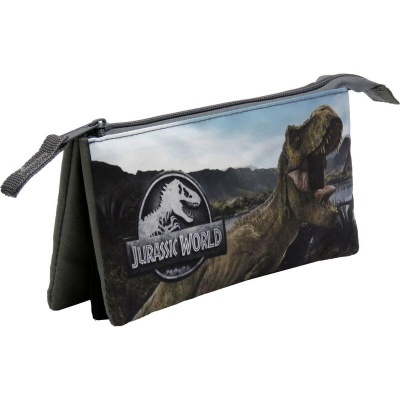 Estojo escolar cinzento com padrão frontal do filme Jurassic World com dinossauro T-Rex e logo