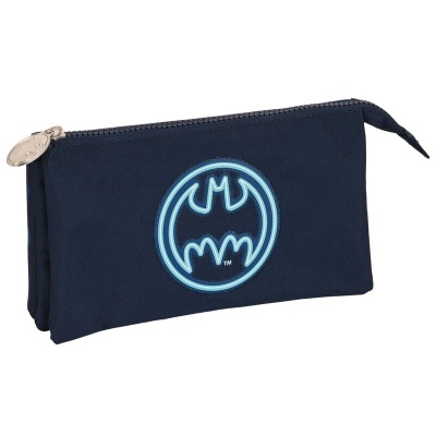 Estojo azul escuro com símbolo do Batman e fecho de correr