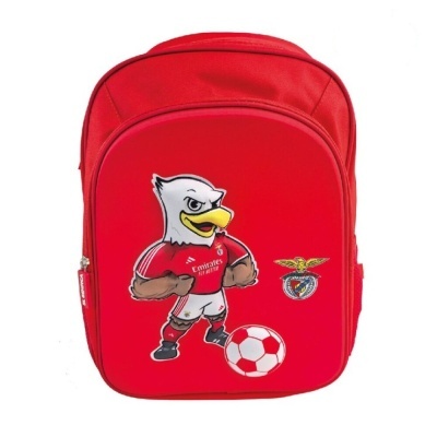 Mochila vermelha com mascote águia e bola de futebol