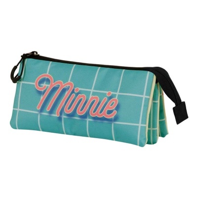 Estojo azul com padrão de grelha branca e texto vermelho 'Minnie'