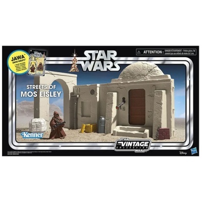 Conjunto Toys Star Wars Vintage Streets of Mos Eisley com edifício creme e figuras em embalagem preta