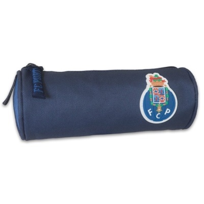 Estojo cilíndrico azul-escuro com emblema do FCP