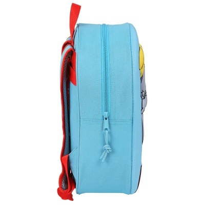 Mochila infantil azul claro vista de lado com fecho azul e alças vermelhas
