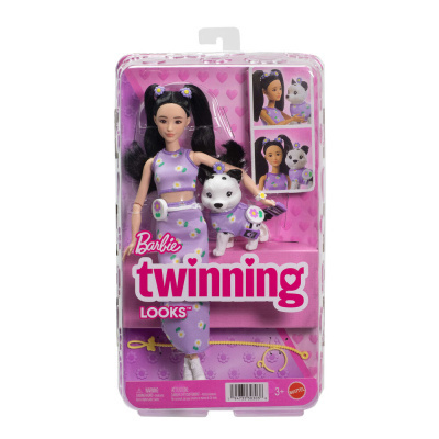 Boneca Barbie Twinning Looks com vestido lilás floral e cãozinho vestido igual em embalagem rosa
