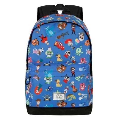 Mochila azul com vários personagens animados coloridos e etiqueta Disney 100