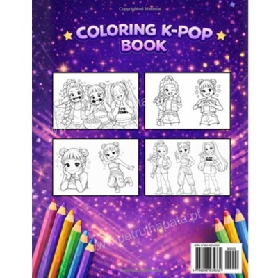 Capa traseira do livro de colorir COLORING K-POP BOOK com personagens a preto e branco e lápis de cor