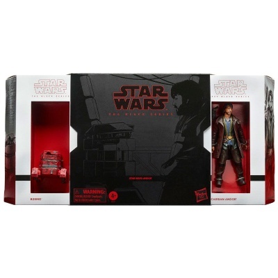 Conjunto de brinquedos Star Wars com figura de Cassian Andor e veículo vermelho em embalagem preta e branca.