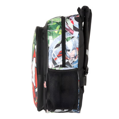 Mochila da Marvel com padrão colorido e bolso lateral em rede preta