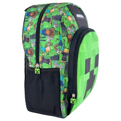 Mochila infantil verde com padrão de personagens Minecraft e bolso preto com rede