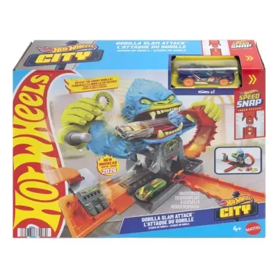 Jogo Hot Wheels City Gorilla Slam Attack com figura de gorila azul e carros