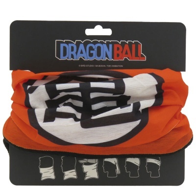 Cachecol tubular DRAGON BALL laranja, branco e preto no suporte preto com logotipo