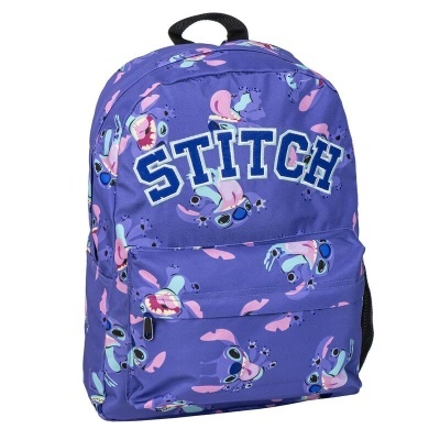 Mochila roxa com personagem Stitch e texto STITCH em azul e branco