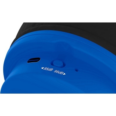 Dispositivo azul e preto com controle de volume 85dB e 95dB e porta de ligação