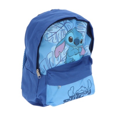 Mochila azul com estampa do Stitch e folhas de palmeira