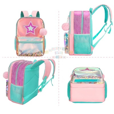 Mochila infantil colorida com estrela e pompom