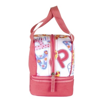 Bolsa de criança rosa com padrão colorido e fecho